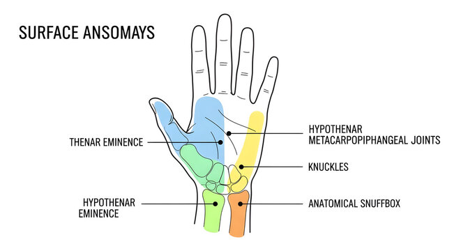 Anatomical diagram of human hand surface anomalies with labels for thenar eminence, hypothenar eminence, and anatomical snuffbox