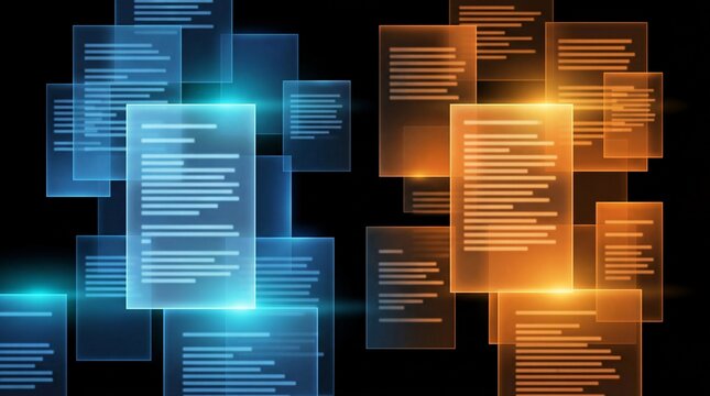 A futuristic digital illustration of glowing blue and orange documents on a black background, representing data and information technology