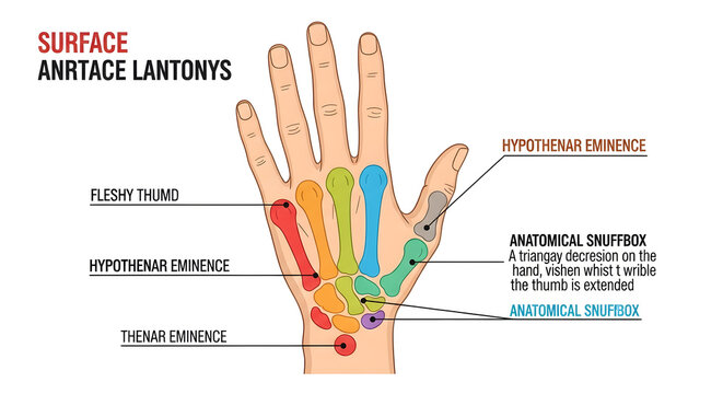 Anterior surface anatomical diagram of human hand with labels for thenar eminence, hypothenar eminence, and anatomical snuffbox