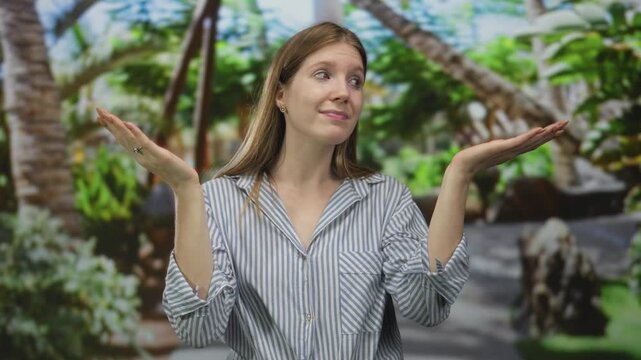 Young blonde woman in striped shirt shrugs shoulders with open palms in lush green park; uncertainty.
