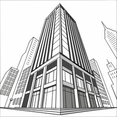 Fototapeta premium Skyscraper office building viewed from below in a city, stark architectural illustration with strong perspective, modern commercial real estate concept, a low-angle view of a modern skyscraper in a