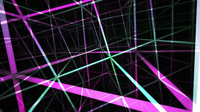 Vibrant abstract background with intersecting neon pink and green lines on a black backdrop, creating a dynamic and futuristic visual effect.