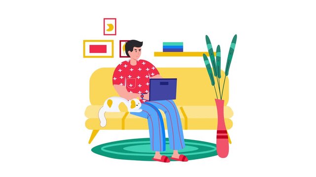 Flat vector animation of man working on laptop with cat on living room sofa