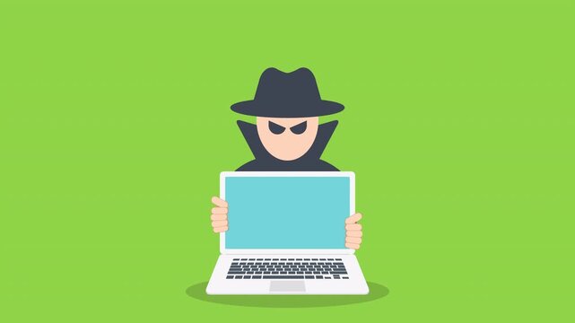 Hacker with laptop computer stealing confidential data, personal information and credit card detail. Hacking concept.
