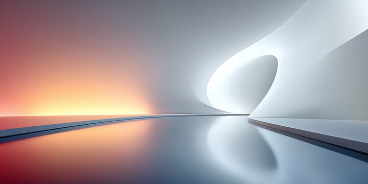 Architectural composition featuring flowing, minimalist forms in dark white, gray, warm red and neutral tones. Surfaces reflect softly on  clean, polished floor. Ideal as background for advertising.