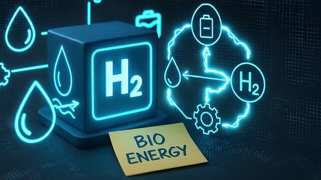 Hydrogen bioenergy fuel battery technology power renewable eco environment cube icon digital glowing blue drop gear concept alternative clean sustainable innovation science electric futuristic