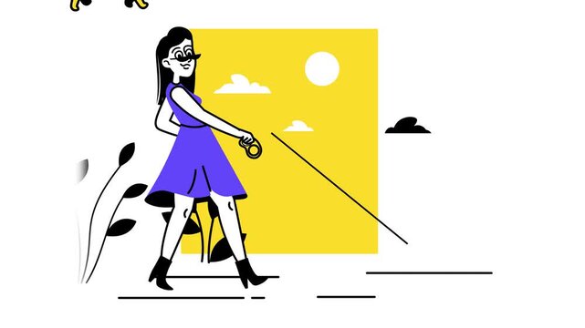 Animated woman in purple dress walking with leash in sunny abstract scene