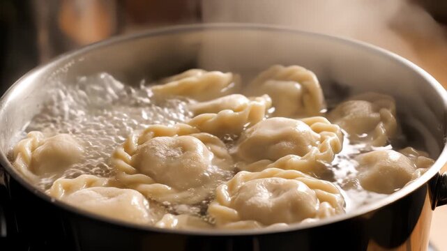 Handmade dumplings, vareniki are boiled in boiling water in a saucepan, food