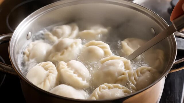 Handmade dumplings, vareniki are boiled in boiling water in a saucepan, food
