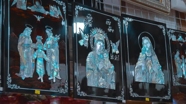 Decorative religious icons, made with pearl inlay depicting scenes such as the Holy Family, Jesus Christ and the Virgin Mary