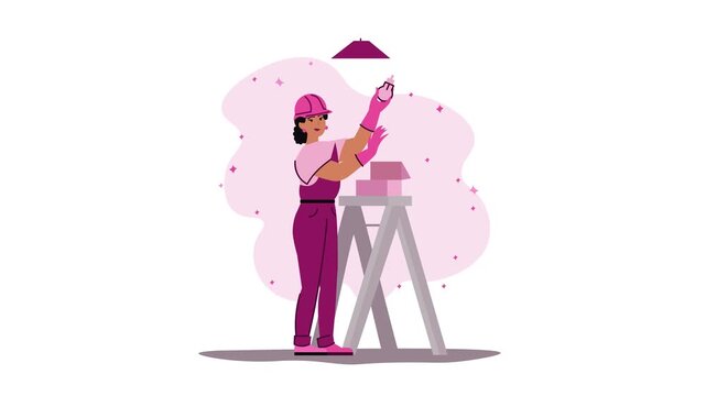 Female electrician installing ceiling light in pink animated vector illustration