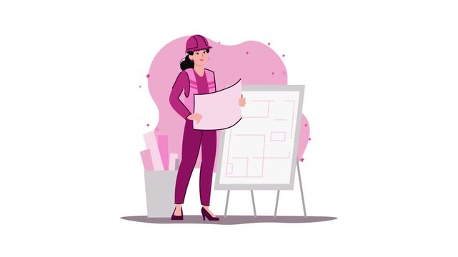 Female architect reviewing blueprint beside floor plan in pink animation