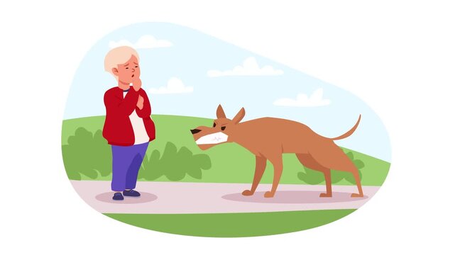 Frightened boy facing aggressive dog in park, flat illustration