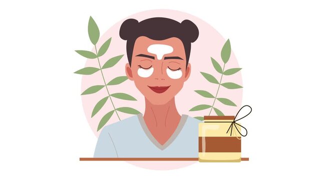 Animated woman with facial mask and skincare cream jar surrounded by leaves