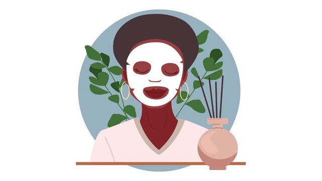 Relaxed black woman with facial mask and reed diffuser spa animation