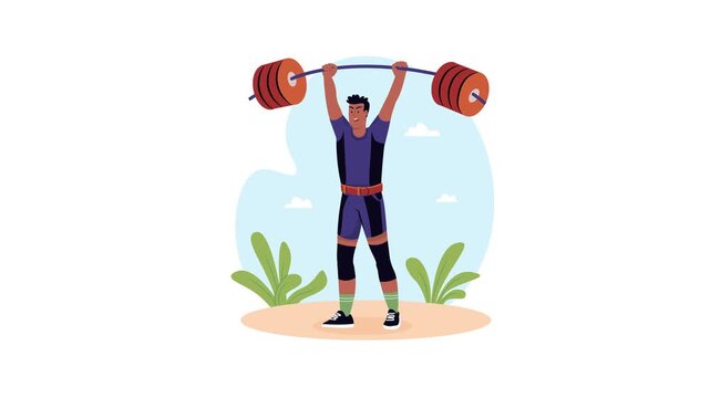 Animated weightlifter raising heavy barbell outdoors in flat vector style