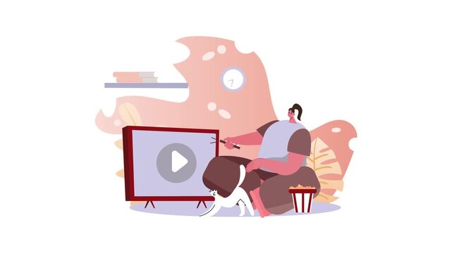 Woman watching video at home with dog, popcorn and TV animation