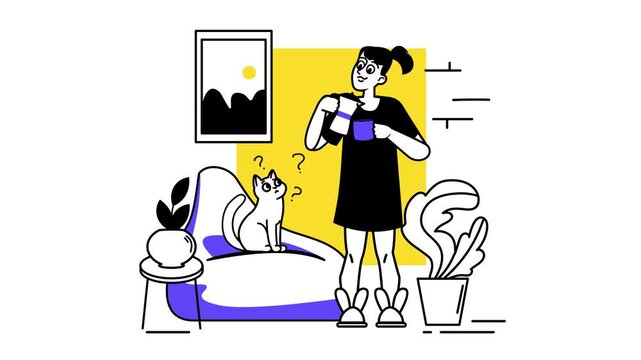Animated woman pouring milk into mug while curious cat watches at home