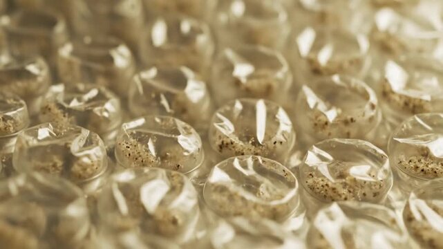 Close-up of bubble wrap with small particles inside