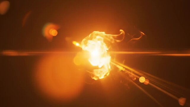 Cinematic Fire Flare Abstract Orange Flames with Horizontal Lens Flare and Bokeh on Black Background for Movie Transitions and Background Overlays.