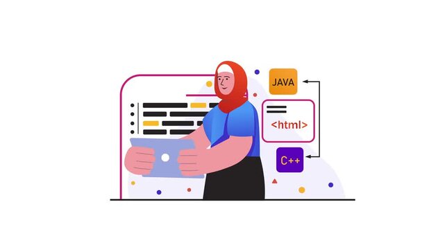 Hijab woman coding on laptop with Java, HTML and C++ icons