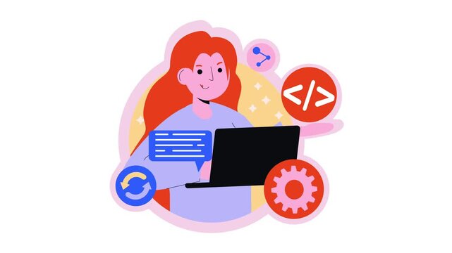 Animated female programmer with laptop, code icons and gear symbols