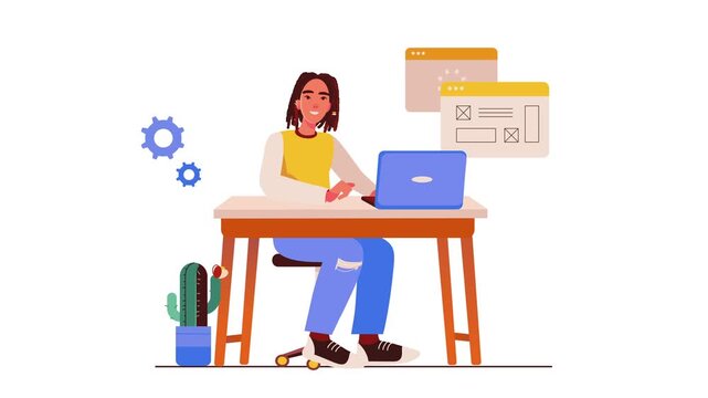 Animated woman coding at laptop in creative web design workspace