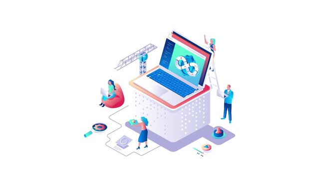 Isometric animated software development team building app on laptop