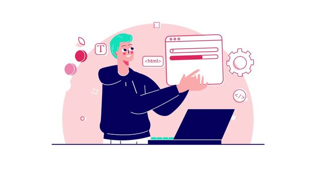 Animated developer editing website interface with laptop and code icons