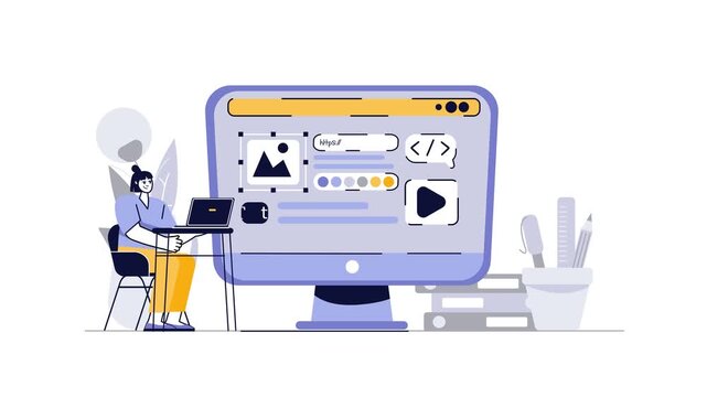 Animated web designer building website layout on giant desktop screen