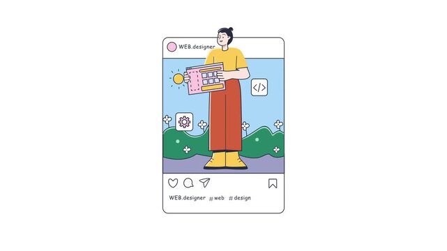 Animated web designer holding website mockup in social media post frame
