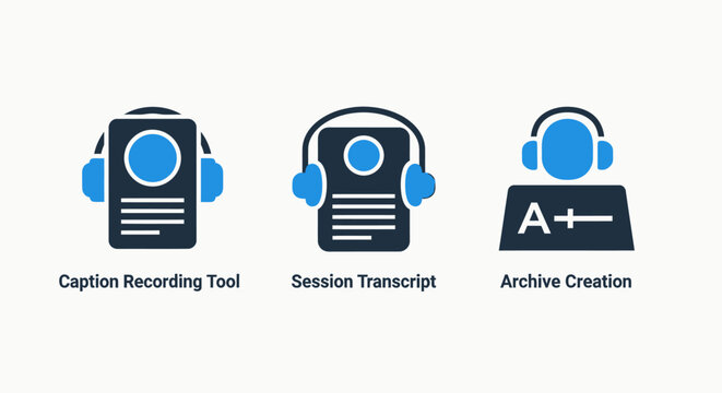 Digital audio caption recording, session transcription, and archive creation tool icons set for educational and accessibility platforms