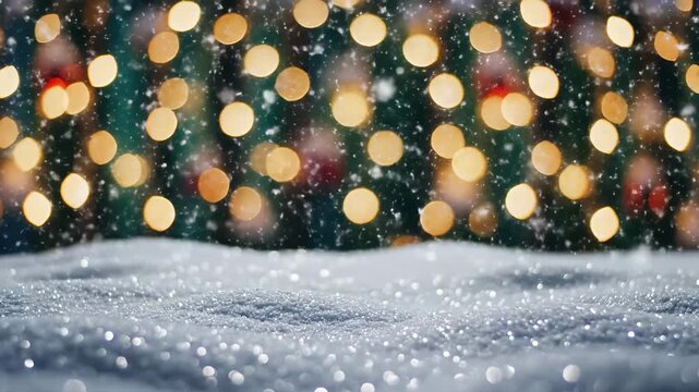 Magical Winter Wonderland with falling snow over a snowy surface and warm bokeh lights background, perfect for holiday greetings and festive video.