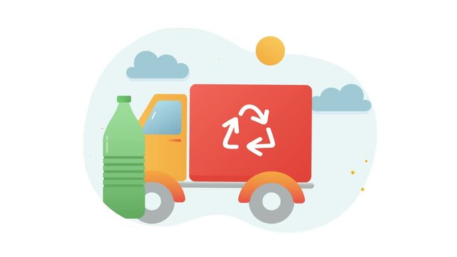 Flat vector recycling truck with eco symbol in sunny sky animation