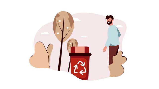 Animated man recycling waste beside trees and recycling bin