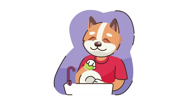 Cute fox cuddling cat on laptop in animated pet care illustration