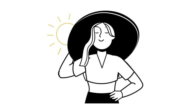 Smiling woman in sunhat with sun icon, minimalist animation illustration