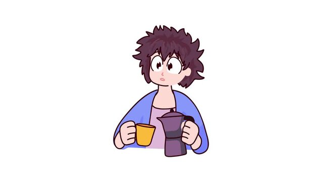 Animated anime-style young person holding coffee mug and pot, isolated