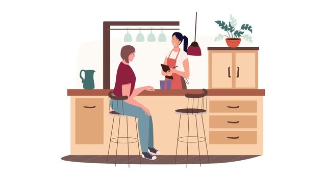 Flat animation of woman ordering at a modern kitchen bar counter