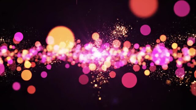 Stunning Abstract Bokeh Background featuring glowing pink and gold particles with cinematic lens flares perfect for festive celebrations and luxury event backdrops.