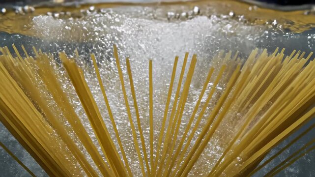 Cooking Spaghetti: Long Strands of Pasta are Dropped into a Pot of Boiling Water - View from Below the Water's Surface, Slow Motion