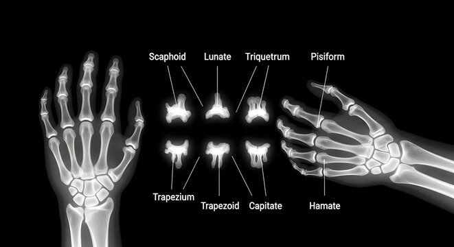 Medical xray of hand bones including carpal bones with anatomical labels for scaphoid lunate triquetrum and pisiform