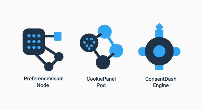 Set of digital network nodes and data cluster icons representing software engine structures and information connectivity for advanced cloud infrastructure and computing systems development