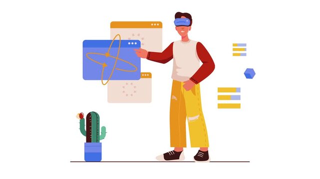 Animated man with VR headset interacting with futuristic UI panels