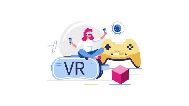 Animated female gamer using VR headset and controllers for virtual gaming