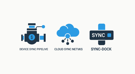 Fototapeta premium Cloud synchronization network and data pipeline icons for automated file docking financial data flow and server storage management in modern information technology infrastructures and networks