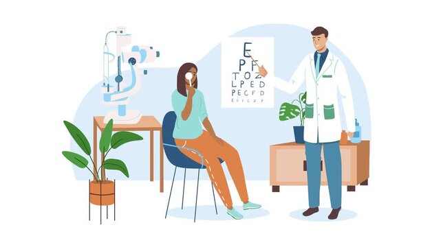 Animated optometrist testing woman vision with eye chart in clinic