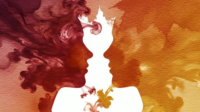 Silhouette of two merging profiles in red and yellow watercolor ink, representing internal psychological conflict and dual emotional states. Mental health awareness concept.
