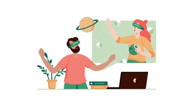 Two adults using virtual reality headsets in futuristic workspace animation