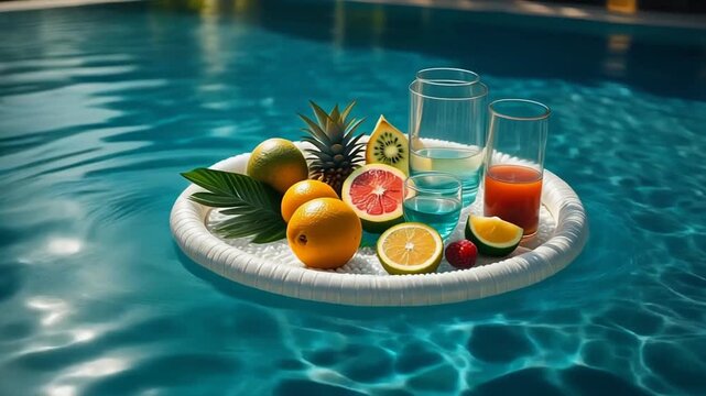 8K cinematic fruit drinks arrangement near poolside, tropical fruits, vibrant colors, soft sunlight, reflections, shallow depth, luxury lifestyle aesthetic